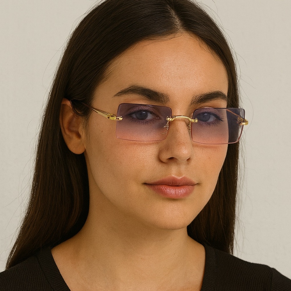 Rimless Gradient Purple Pink Rectangle Sunglasses… - image 1